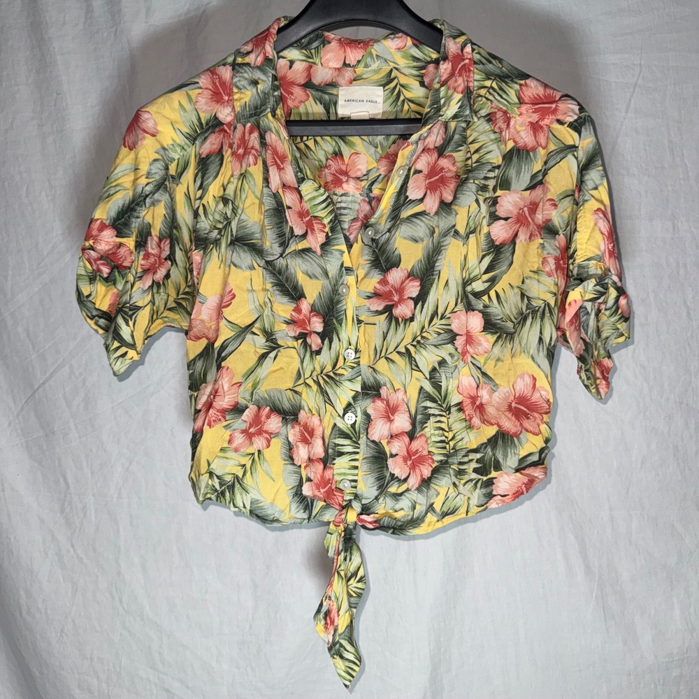 American Eagle Yellow Tropical Hibiscus Tie Front Button Down Crop Top Medium